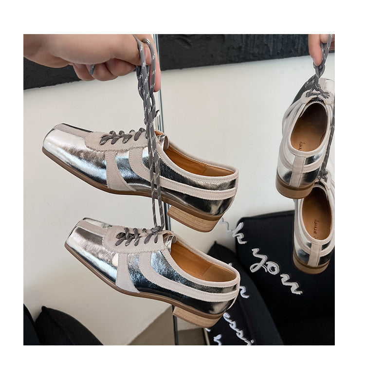 Karin Luna In Stock Spot Goods   Pig Nose Thin Strap Square Toe Patchwork Single Shoes