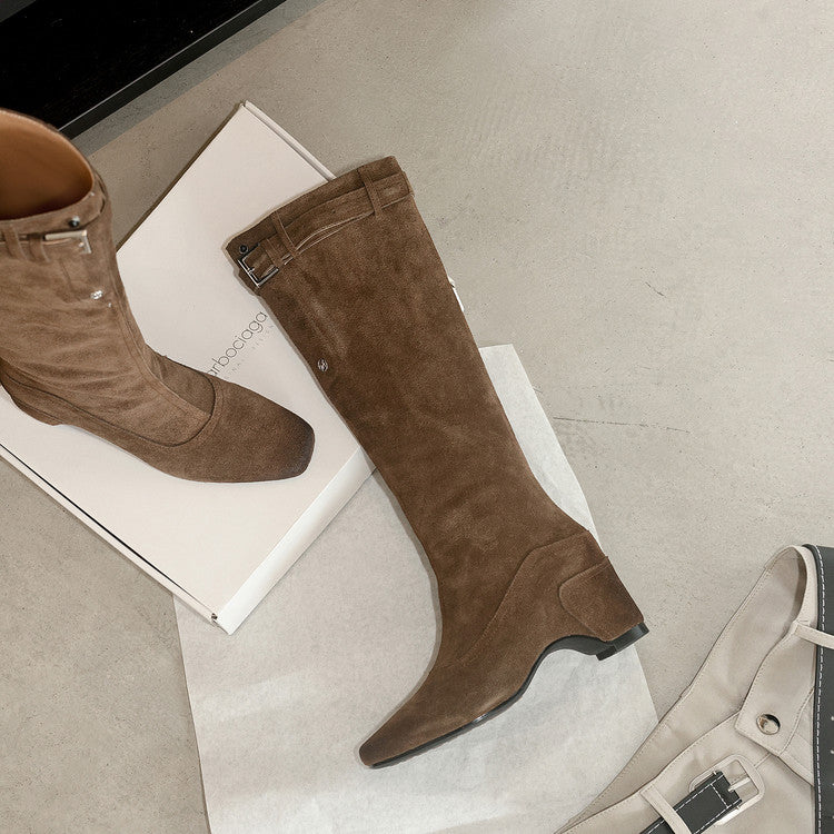 Karin Luna Belt Buckle Elegant Chunky Heel Suede Western Boots