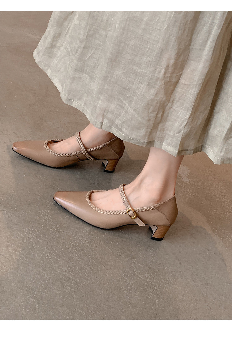Karin Luna Braided Element Design Chunky Heel Square Toe Single Strap Shoes