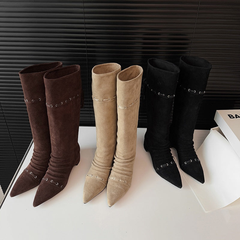 Karin Luna Elegant Style  Pointed Toe Pleated Hidden Wedge Western Boots