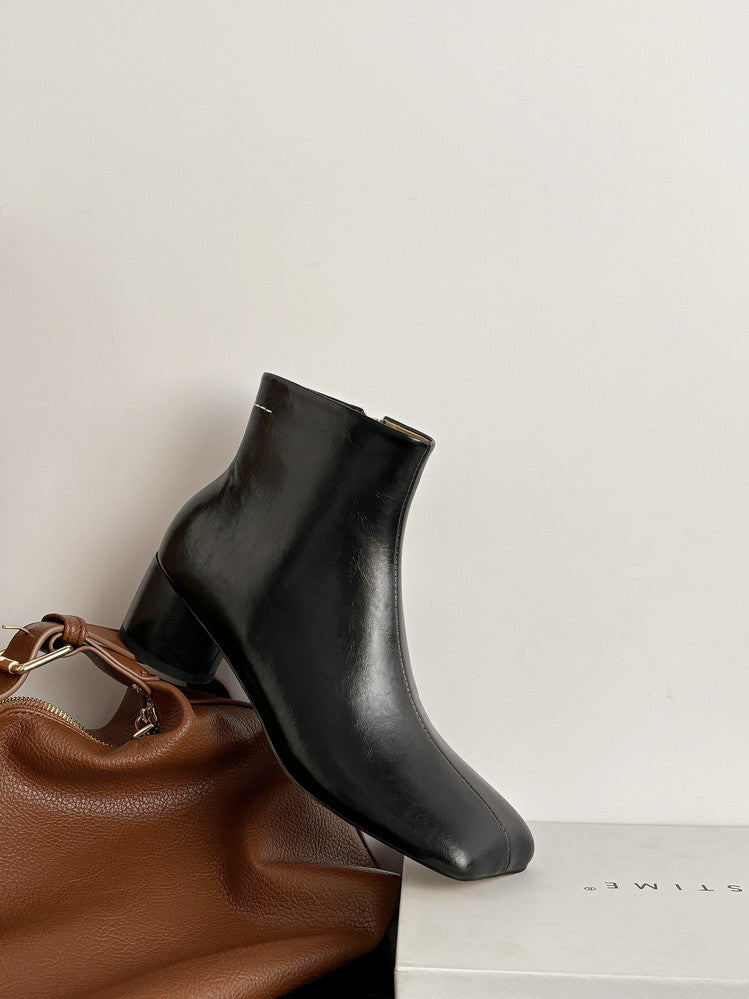 Karin Luna French Style Square Toe Chunky Heel Ankle Boots