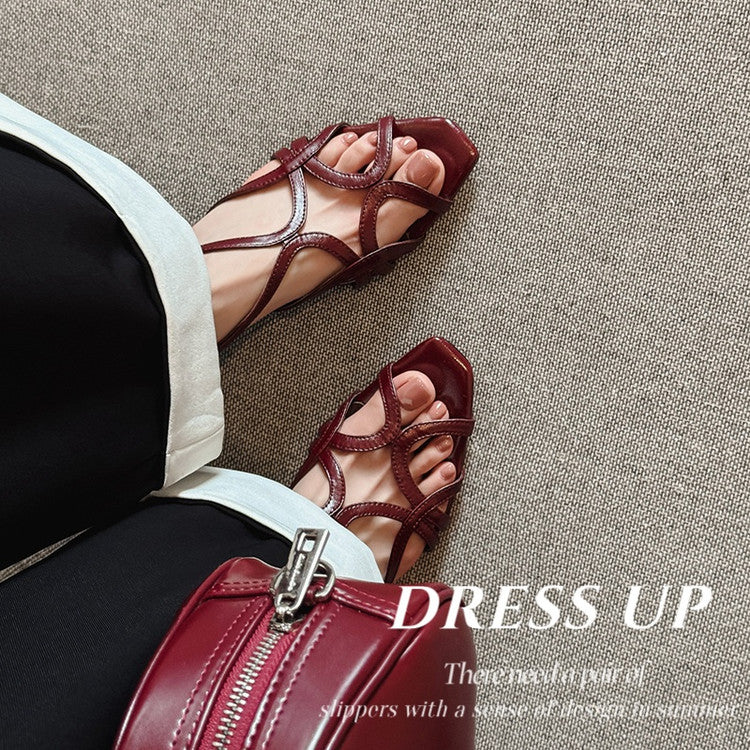 Karin Luna French Hollow Style Small Square Toe Chunky Heel Sandals