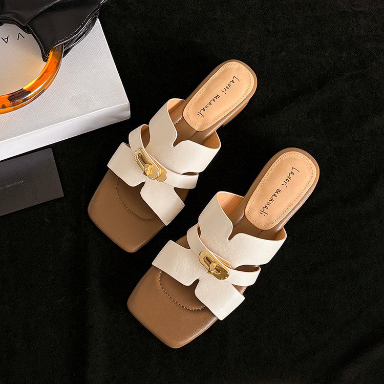 Karin Luna Comfortable Gold Buckle Square Toe Chunky Heel Casual Style Slippers