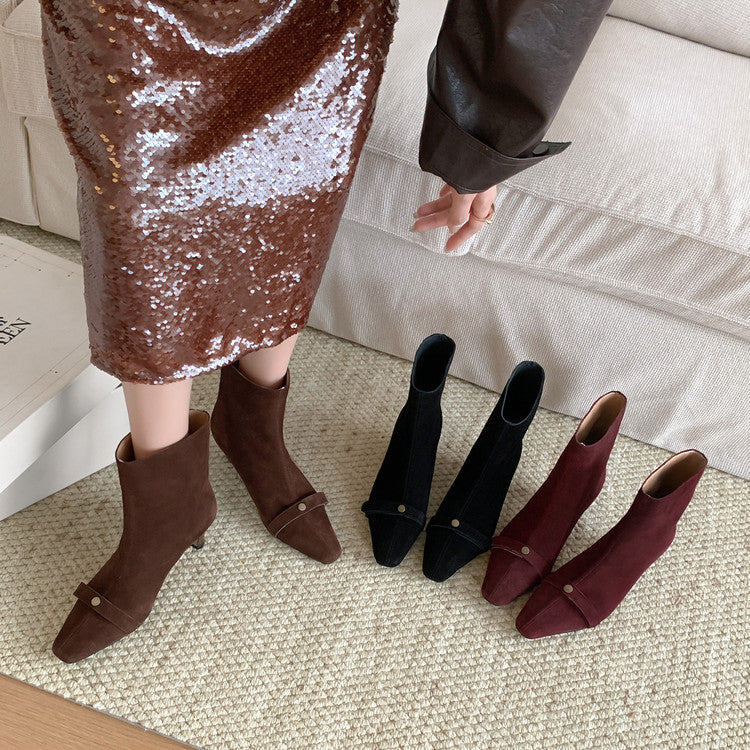 Karin Luna Elegant Style Small Square Toe Belt Buckle Thin Heel Short Boots