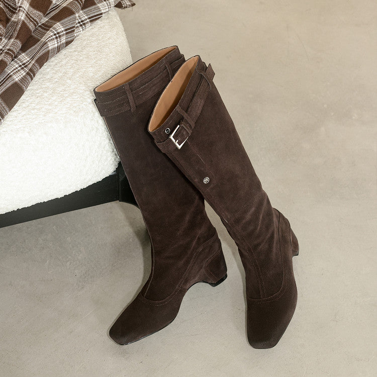 Karin Luna Belt Buckle Elegant Chunky Heel Suede Western Boots