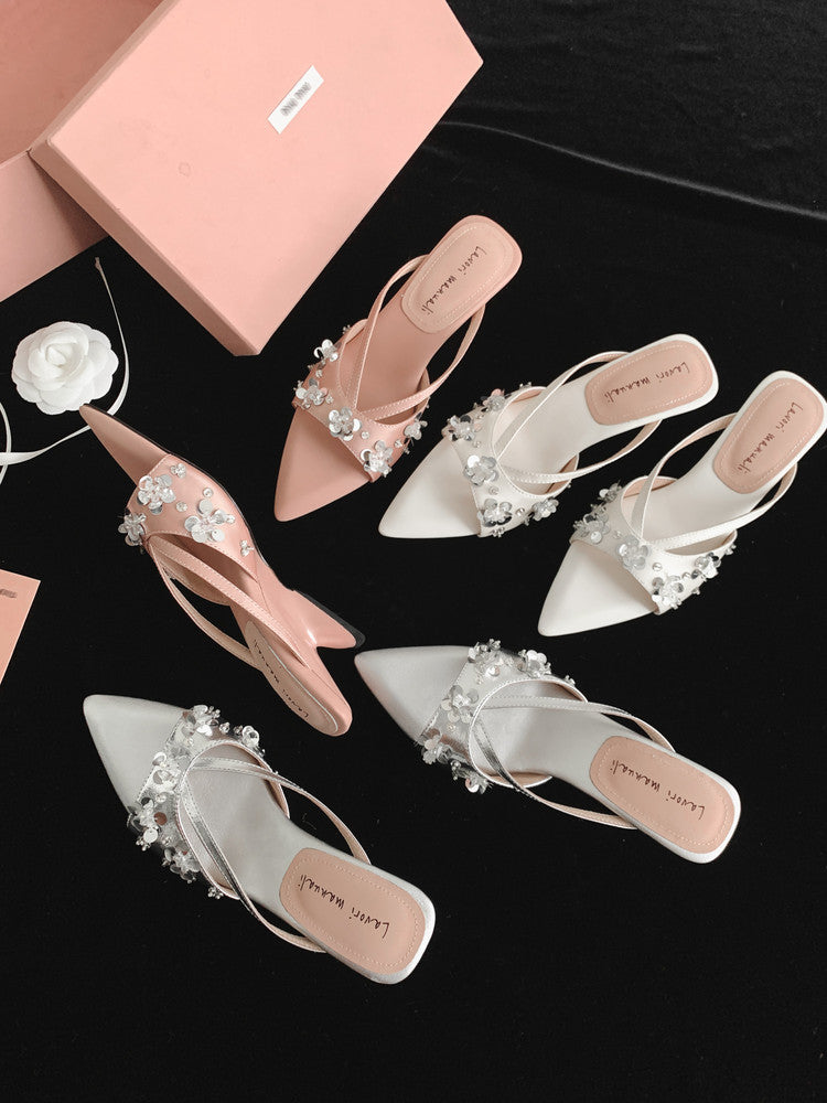 Karin Luna Bestseller Sequin Elements Elegant Pointed Toe Irregular Heel Slippers