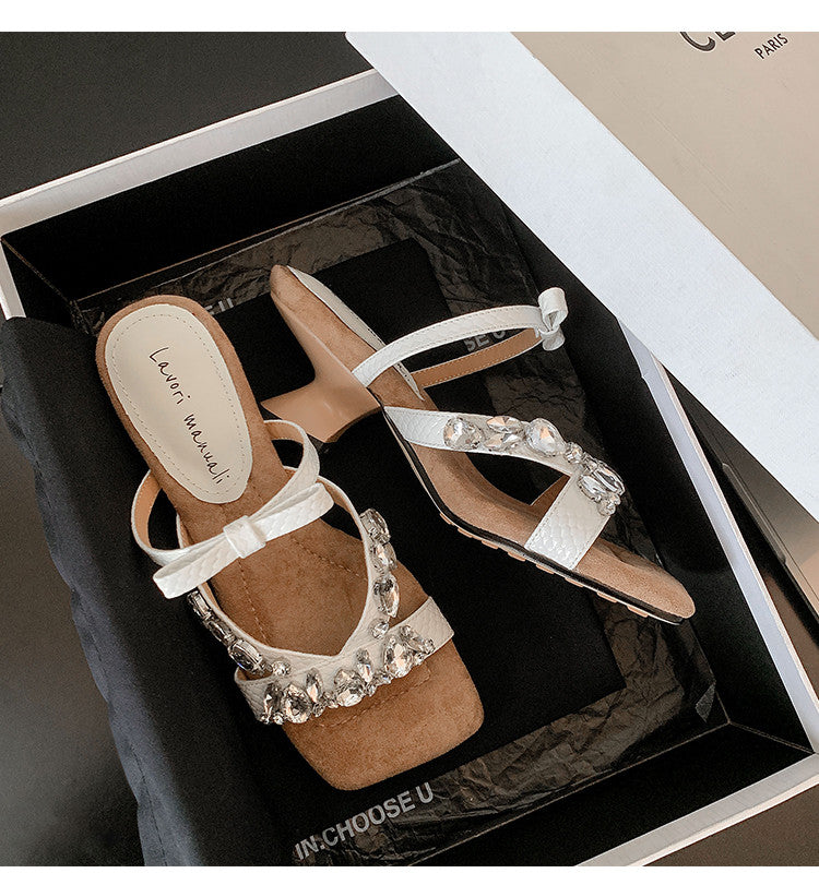 Karin Luna In Stock In Stock  Square Toe Rhinestone Bow Suede Slippers