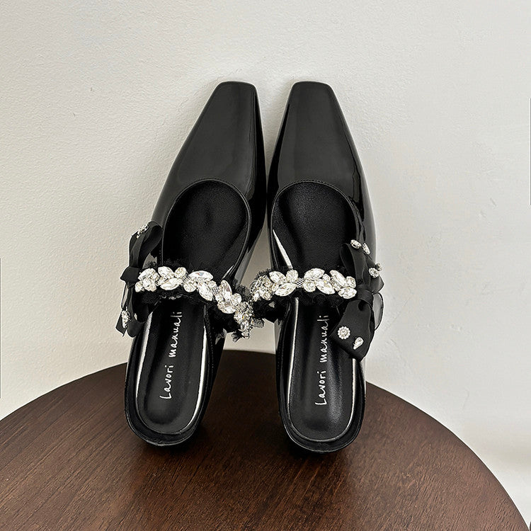 Karin Luna Handmade One-Strap Rhinestone Ribbon Square-Toe Mules