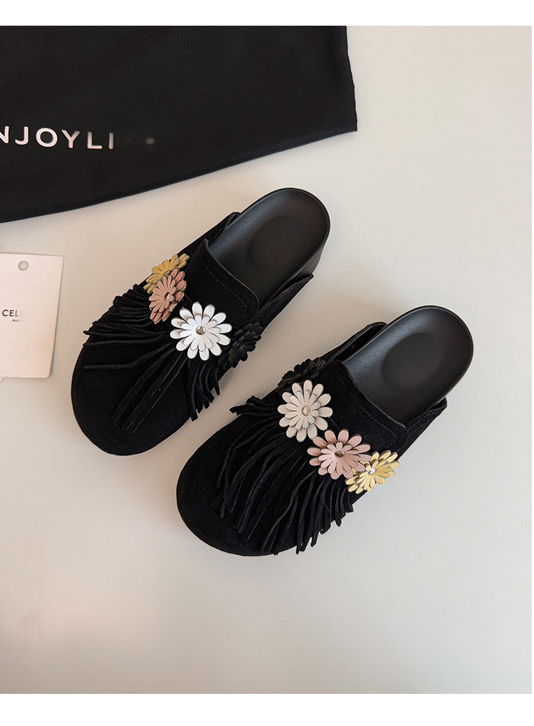 Karin Luna   Tassel Three-Dimensional Flower Thick-Soled Closed-Toe Slippers