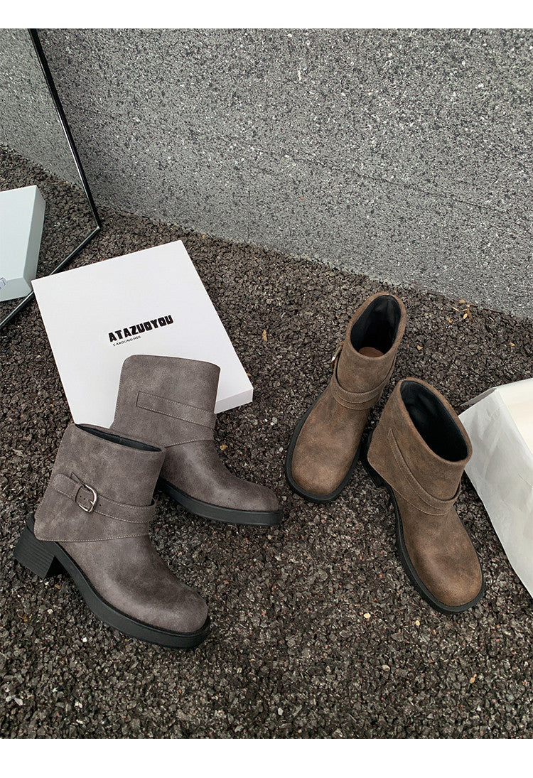 Karin Luna In Stock Spot Goods Versatile Basic Round Toe Belt Buckle Thick Sole Tube Boots