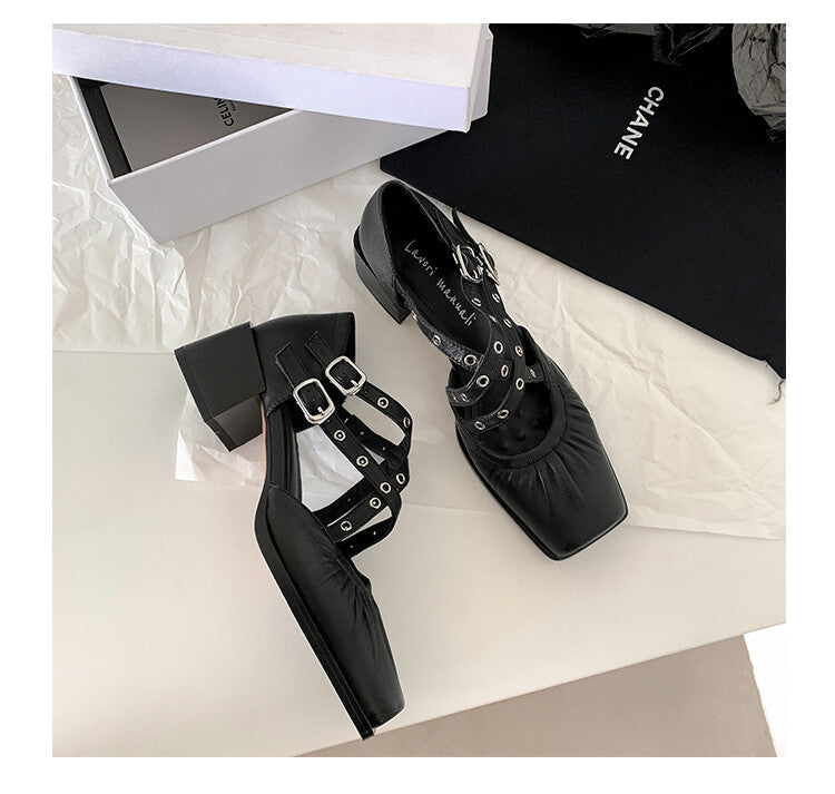 Karin Luna In Stock Spot Goods First Layer Sheepskin Cross Strap Rivet Square Toe Mary Jane Sandals