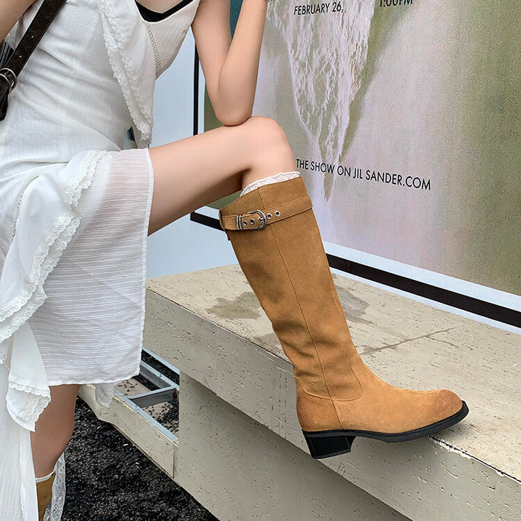 Karin Luna Chunky Heels Round Head Belt Buckle  Fashionable Suede Boots