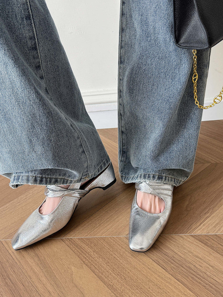 Karin Luna In Stock  Spot Goods Small Square Toe Wrinkled Chunky Heel Closed-Toe Sandals