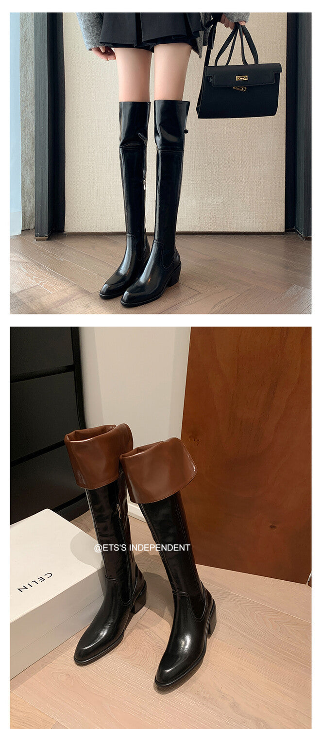 Karin Luna exploded  Three versions exploded Single Fleece Lining Fur Collar Version  Thick Fur Collar Foldable Hot-Selling Full Cowhide Pointed Toe Chunky Heel Classic Style