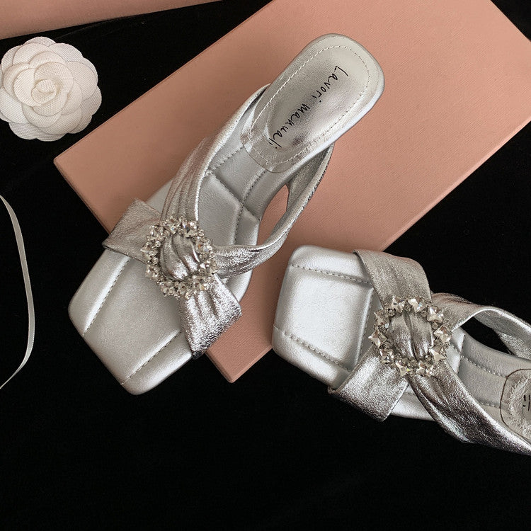 Karin Luna In Stock In Stock Elegant Square-Toe Cross-Strap Rhinestone Square-Toe Slippers