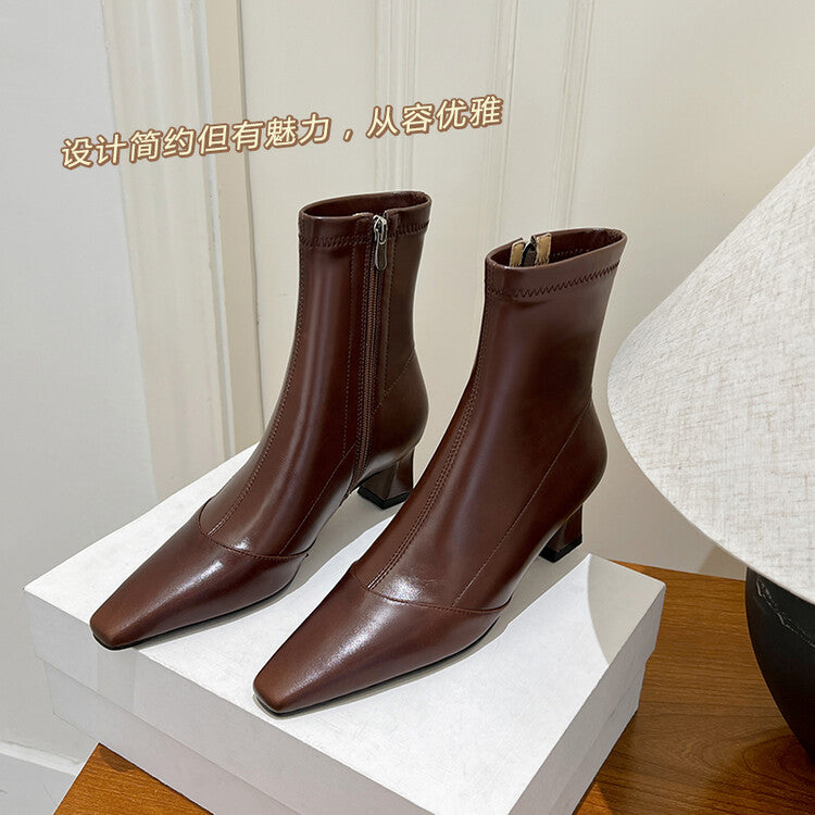 Karin Luna Elegant Small Square Toe Chunky Heel Slim Boots