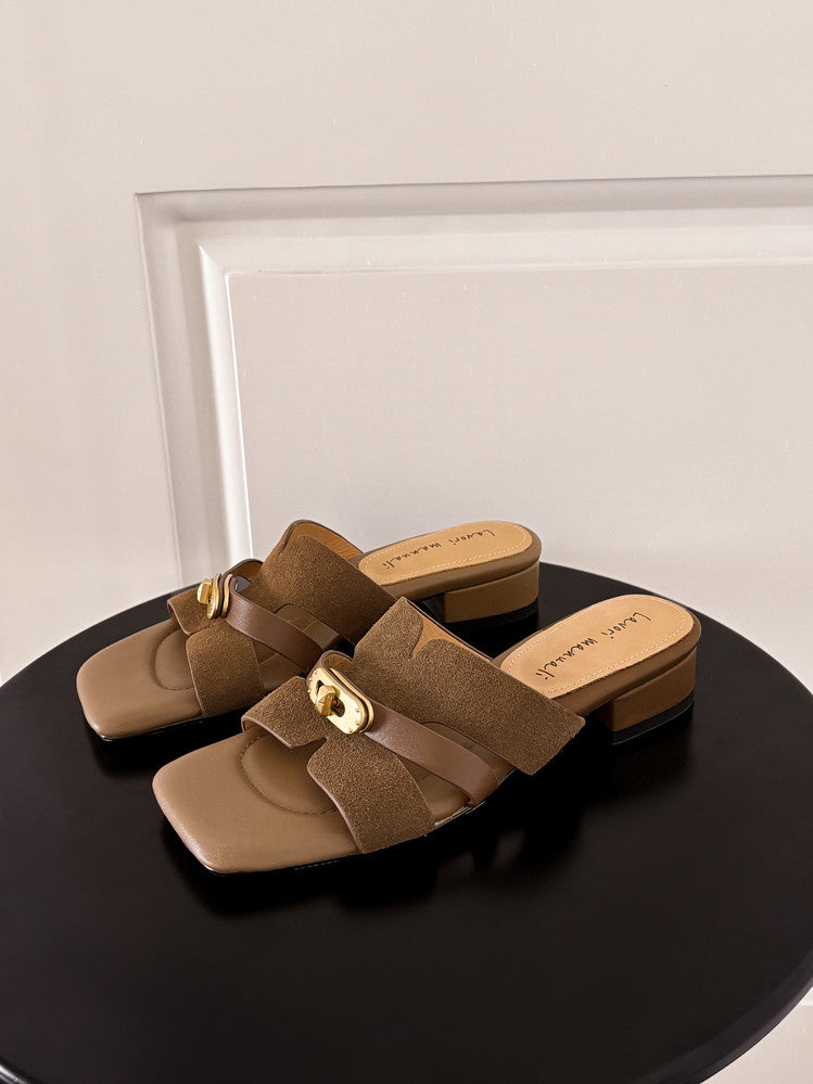 Karin Luna Comfortable Gold Buckle Square Toe Chunky Heel Casual Style Slippers
