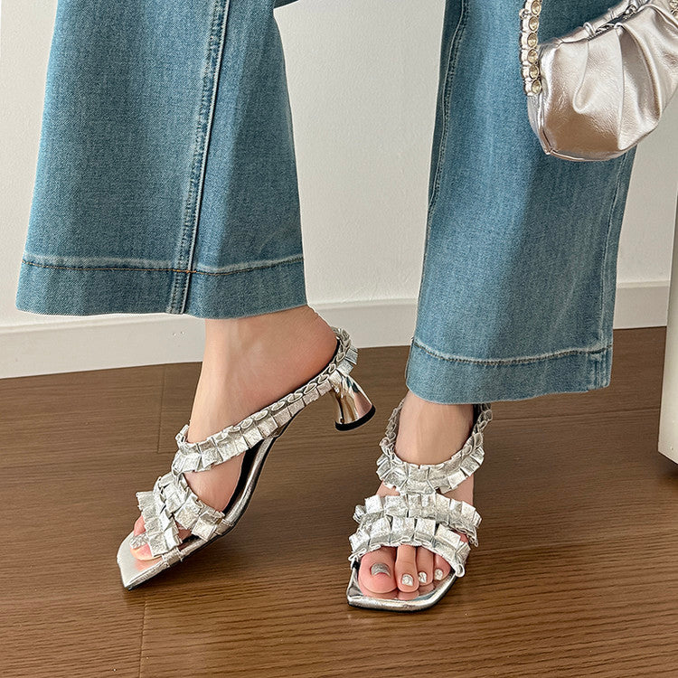 Karin Luna In Stock  Spot Goods  Unique Square-Toe Pleated Lace Sandals