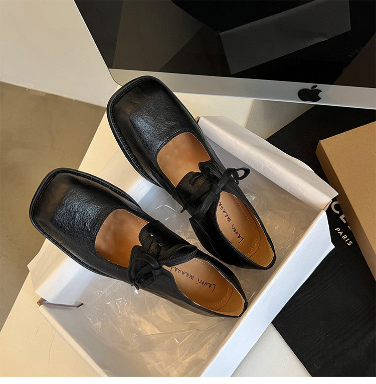 Karin Luna In Stock Spot Goods   Full leather inside and out Vegetable Tanned Hand-Grabbed Sheepskin Square-Toed Chunky Heel Single Shoes