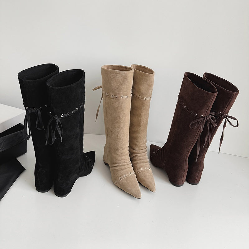 Karin Luna Elegant Style  Pointed Toe Pleated Hidden Wedge Western Boots