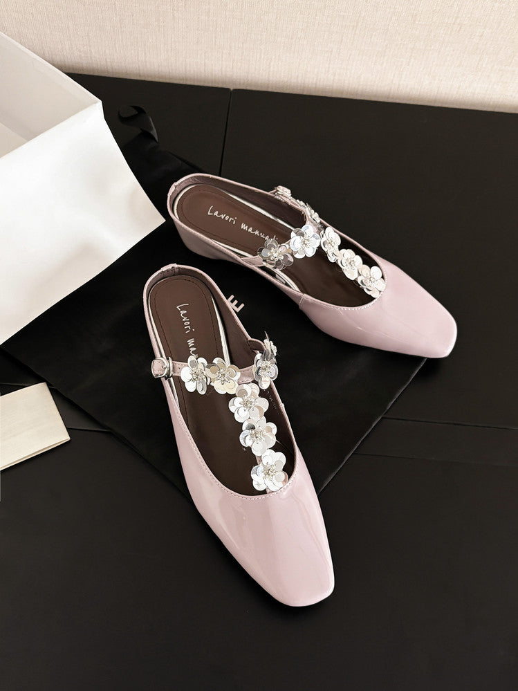 Karin Luna In Stock Spot Goods  T Handmade Sequin Flower Square Toe Height-Increasing Closed-Toe Slippers