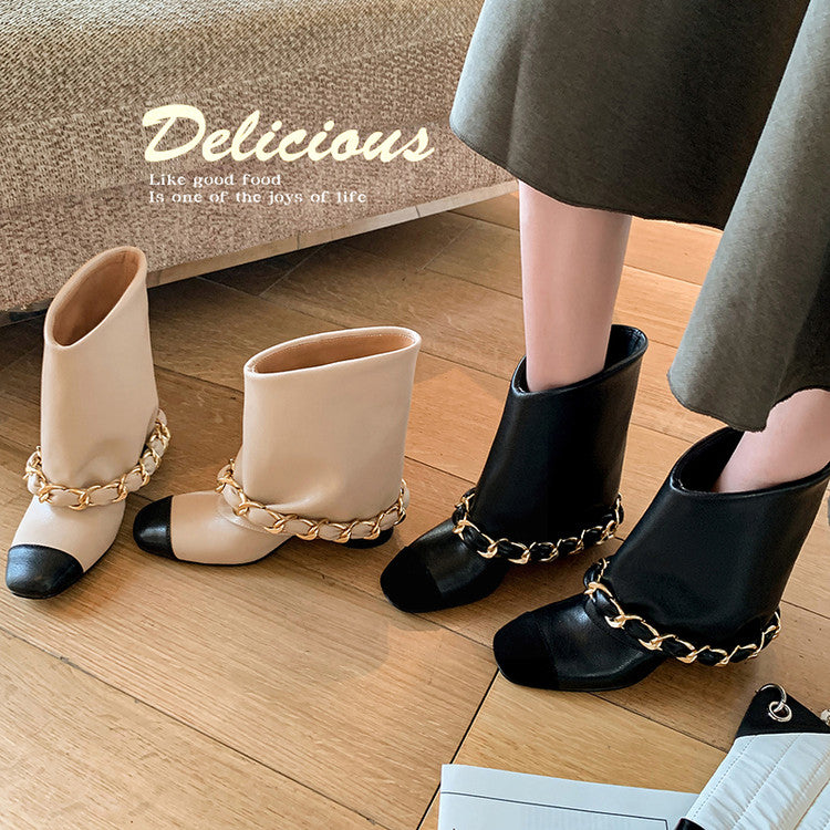 Karin Luna Classic Style Fragrant Family Style Chunky Heel Chain Ankle Boots