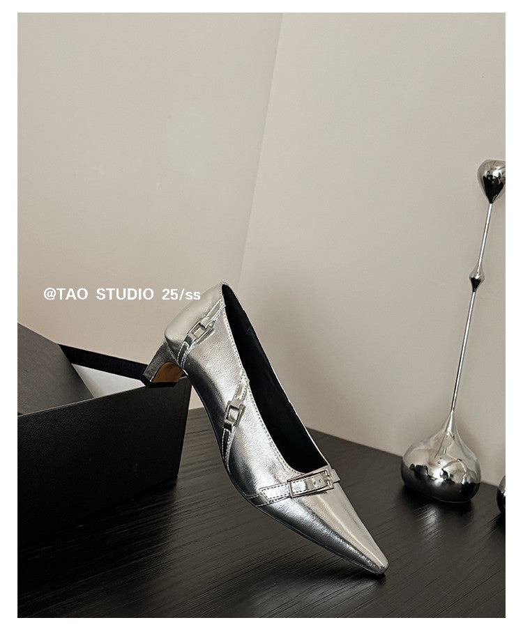 Karin Luna In Stock In Stock Retro Belt Buckle Small Square Toe Chunky Heel Single Shoes