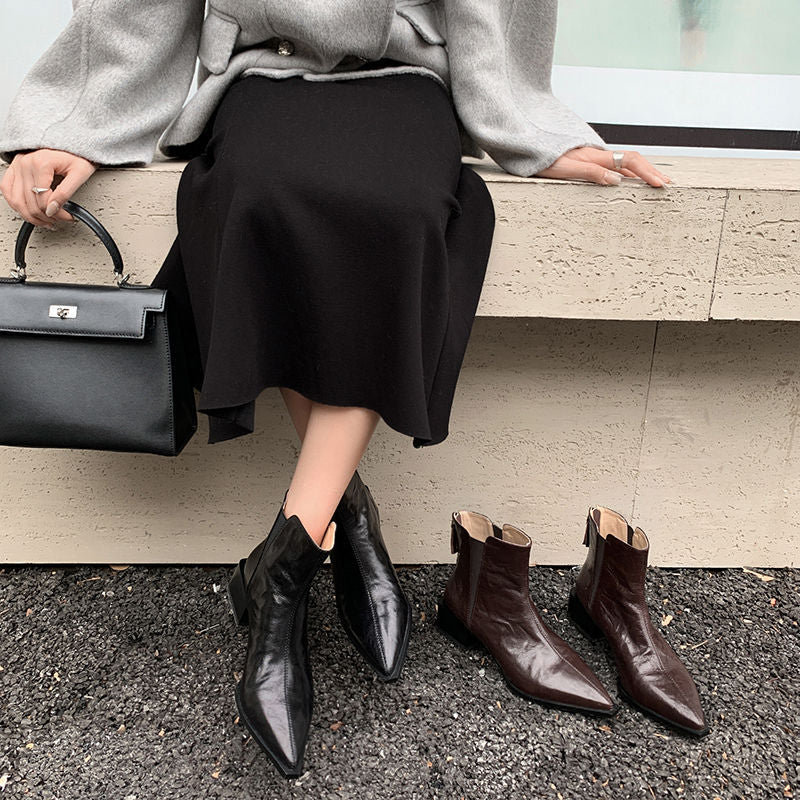 Karin Luna In Stock Spot Goods Elegant Stretch Fabric Patchwork Pointed Toe Chunky Heel Short Boots