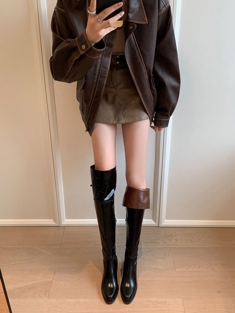 Karin Luna exploded  Three versions exploded Single Fleece Lining Fur Collar Version  Thick Fur Collar Foldable Hot-Selling Full Cowhide Pointed Toe Chunky Heel Classic Style