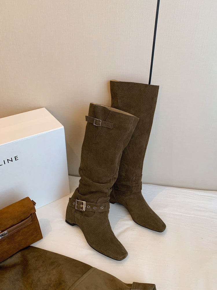 Karin Luna Data Model Belt Buckle Matte Square Toe Hidden Wedge Slouch Western Boots