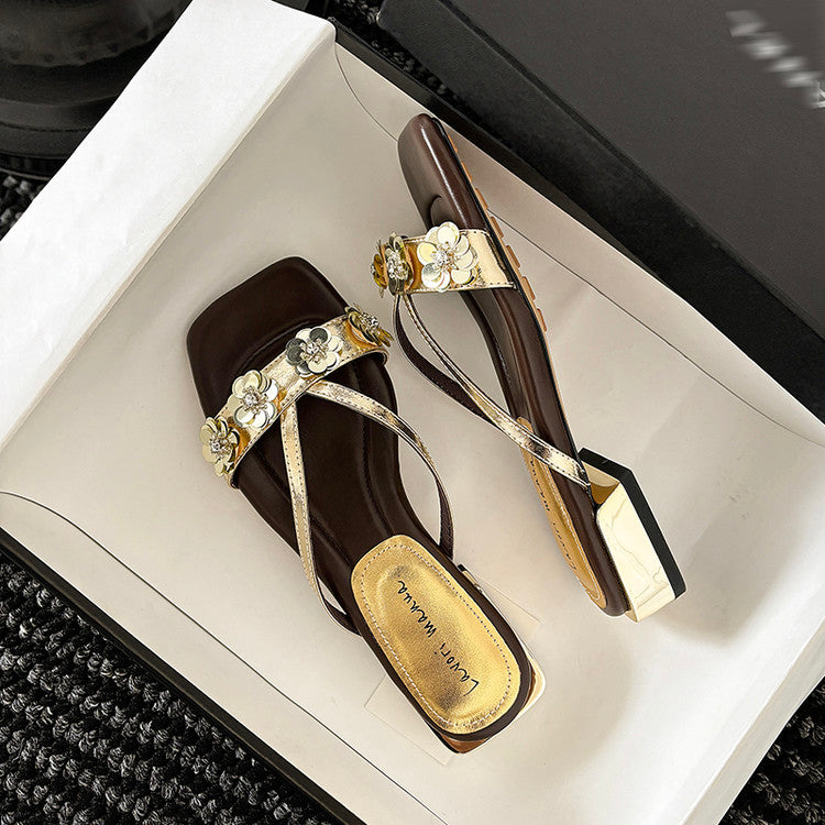 Karin Luna In Stock Spot Goods  One-Strap Sequin Floral Square-Toe Flat Slippers