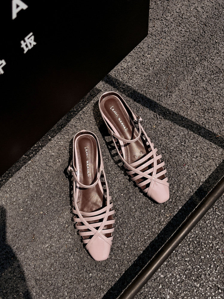 Karin Luna In Stock Spot Goods   French Retro Hollow Small Square Toe One-Strap Slippers