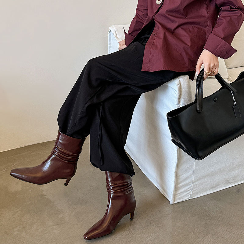 Karin Luna In Stock Spot Goods  Retro Wrinkled Small Square Toe Short Boots