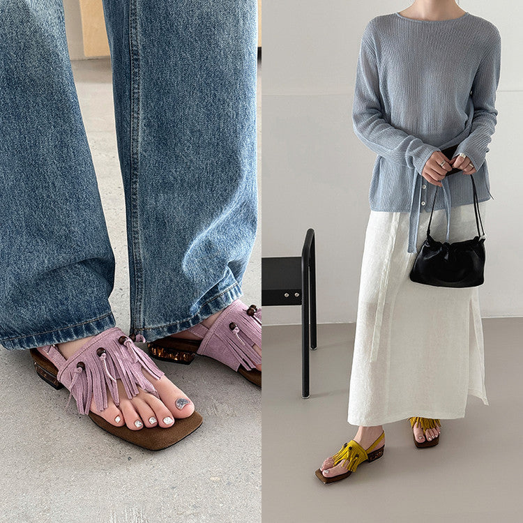 Karin Luna  Tassel Series~Spot Goods  In-stock Clip-toe Square Toe Sandals