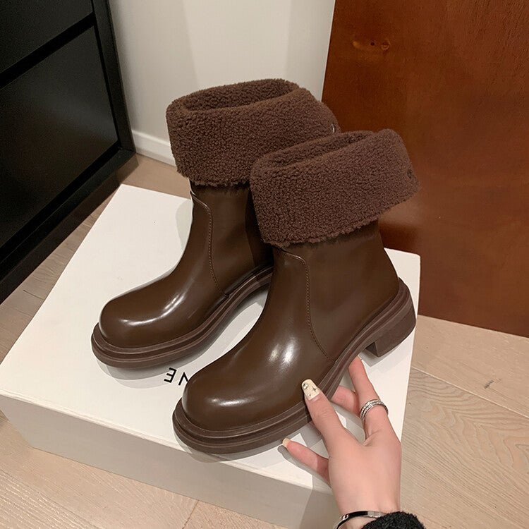 Karin Luna Classic Basic Style   Convertible Foldable Hidden Buckle Snow Fur Shoes Full cowhide Basic Flat Short Boots