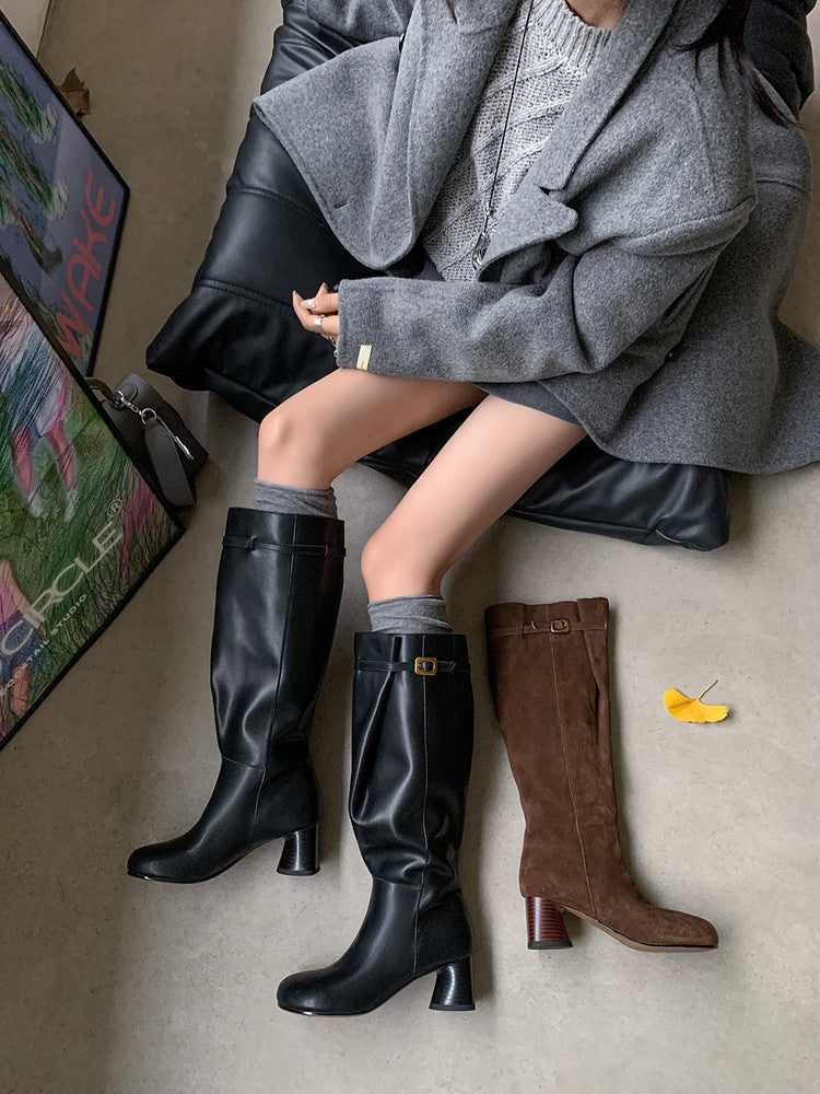 Karin Luna In Stock In Stock Mango Head Large Tube Belt Buckle Chunky Heel Long Boots