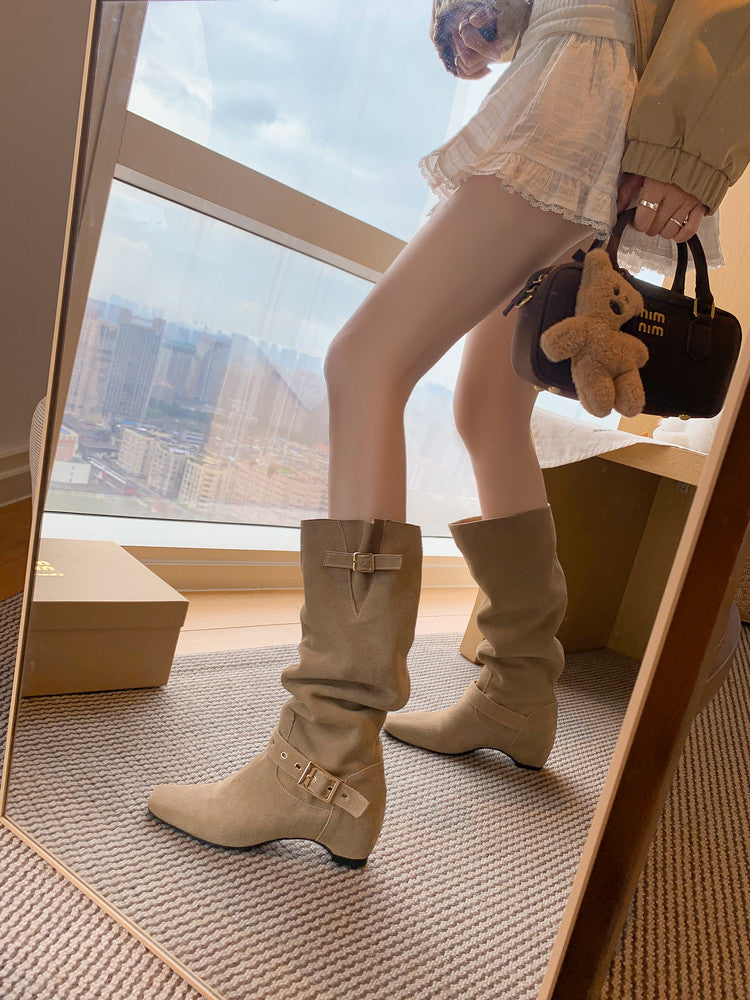 Karin Luna Data Model Belt Buckle Matte Square Toe Hidden Wedge Slouch Western Boots