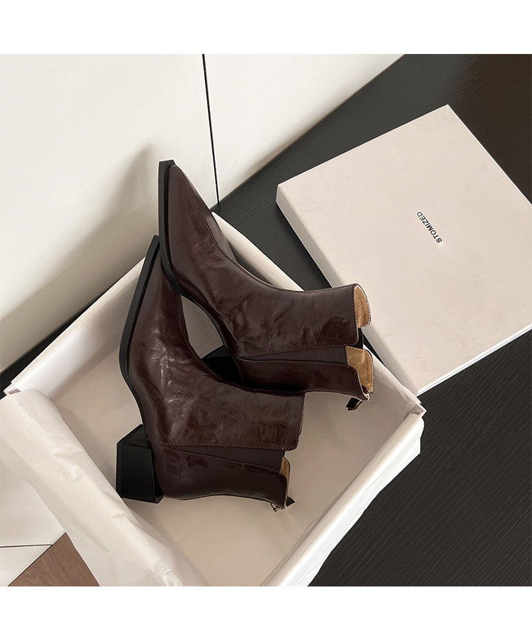 Karin Luna In Stock Spot Goods Elegant Stretch Fabric Patchwork Pointed Toe Chunky Heel Short Boots