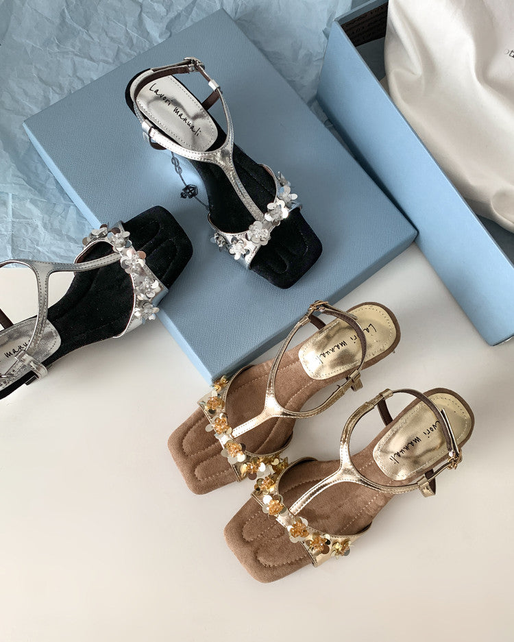 Karin Luna Hot-Selling Sequin Floral Series ~  Square Toe Irregular Heel Square Toe Sandals