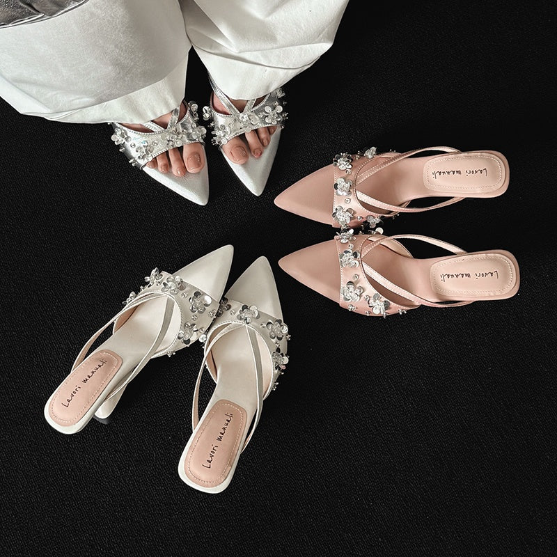 Karin Luna Bestseller Sequin Elements Elegant Pointed Toe Irregular Heel Slippers