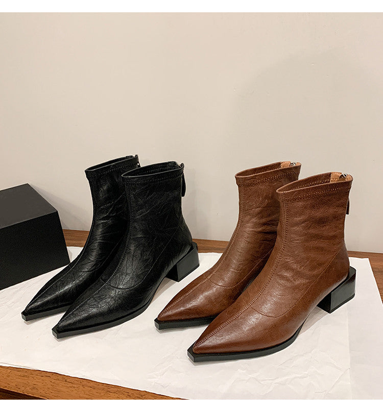 Karin Luna Elegant Style Pointed Toe Chunky Heel Short Boots