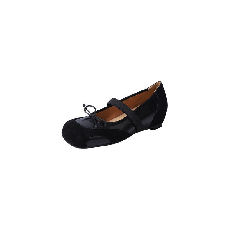 Karin Luna In Stock Spot Goods    Color Block Cowhide Leather Square Toe Slip-On Height Increasing Bowknot Flats