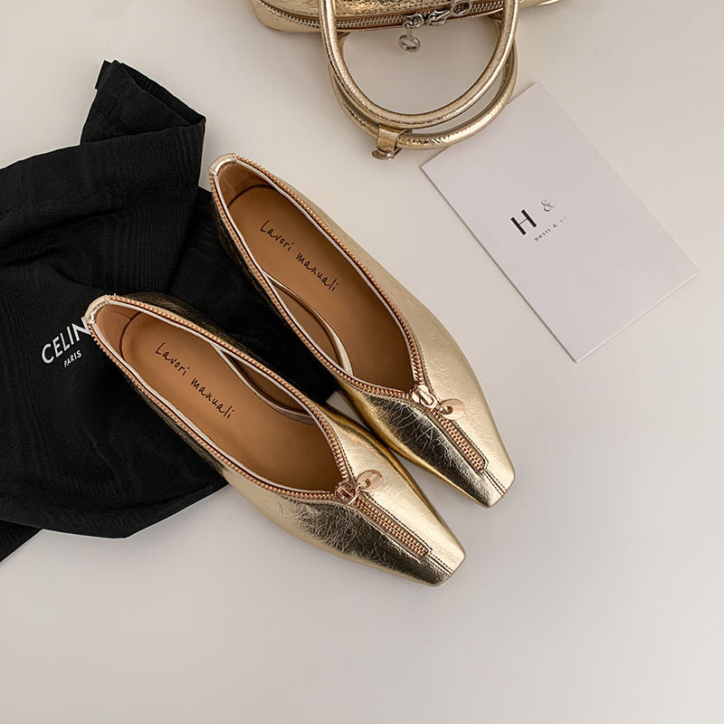 Karin Luna In Stock In Stock ~Basic Versatile Light Luxury Zipper Small Square Toe Flats