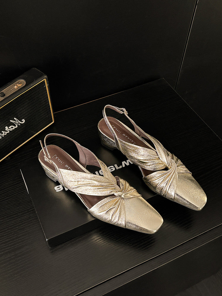 Karin Luna French Retro Wrinkled Small Square Toe Elegant Closed-Toe Sandals