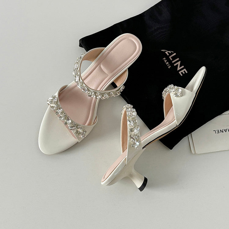 Karin Luna Exquisite Round Toe One-Strap Rhinestone Thin Heel Slippers