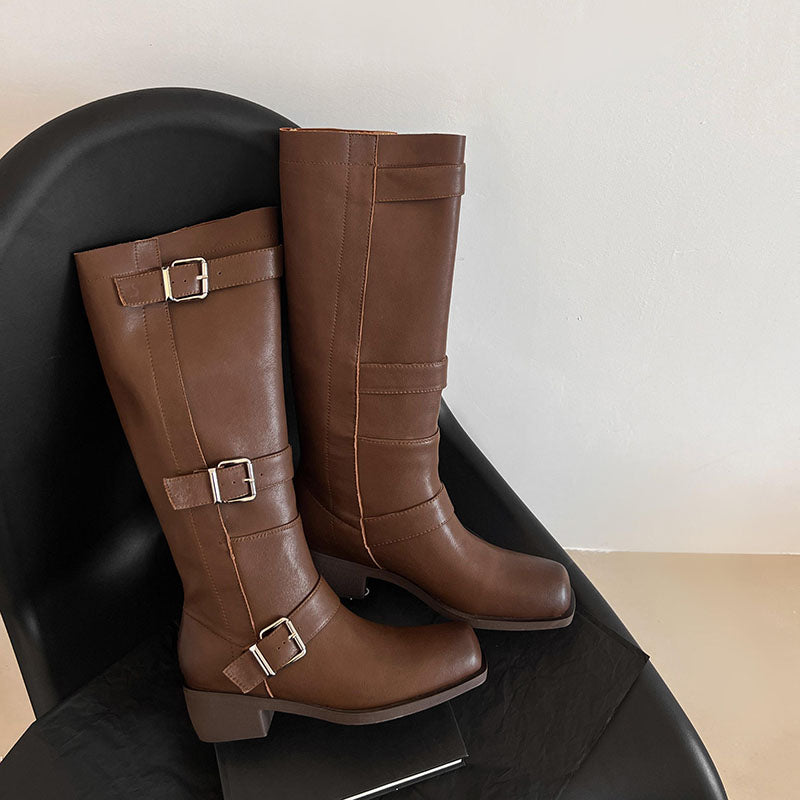 Karin Luna In Stock In Stock European and American Style Square Toe Thick Sole Belt Buckle Long Boots