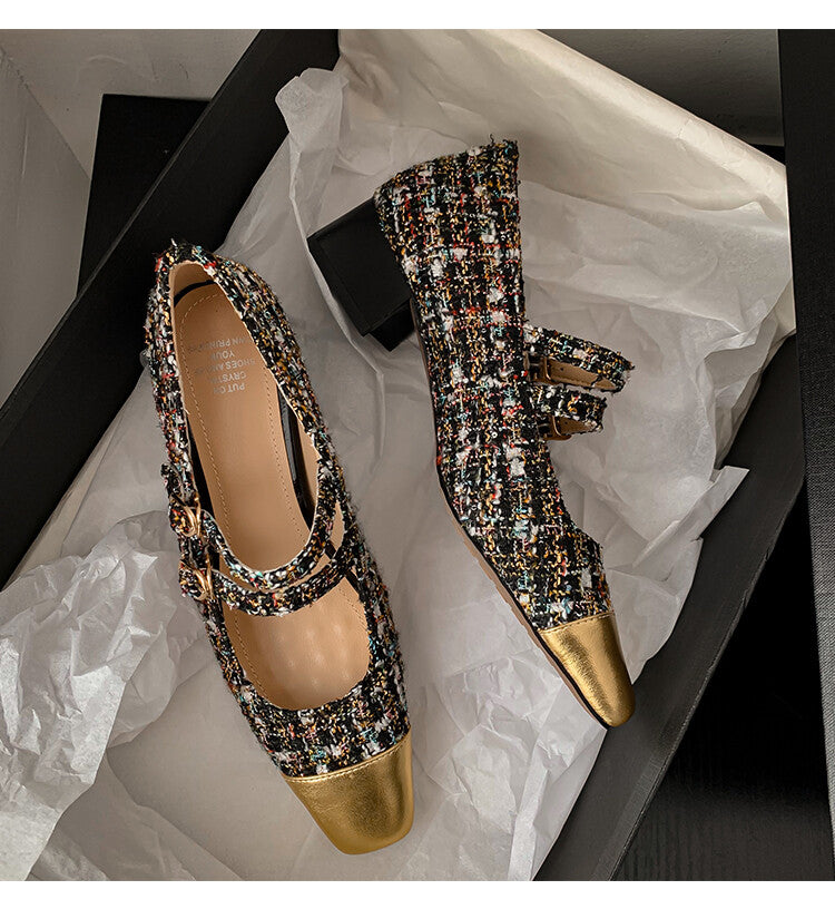 Karin Luna Classic Chanel Style~ Tweed Spring Limit Square Toe Chunky Heel Mary Jane Strap Single Shoes