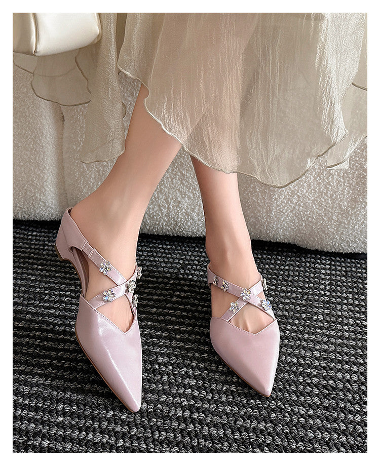 Karin Luna Elegant Pointed Toe Rhinestone Flower High Heel Mules