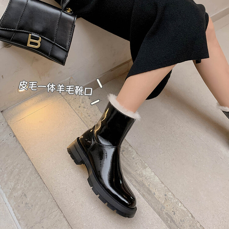 Karin Luna In Stock  Best-selling in stock Thickened Fleece Cow Patent Leather Hot-Selling Flat Short Boots