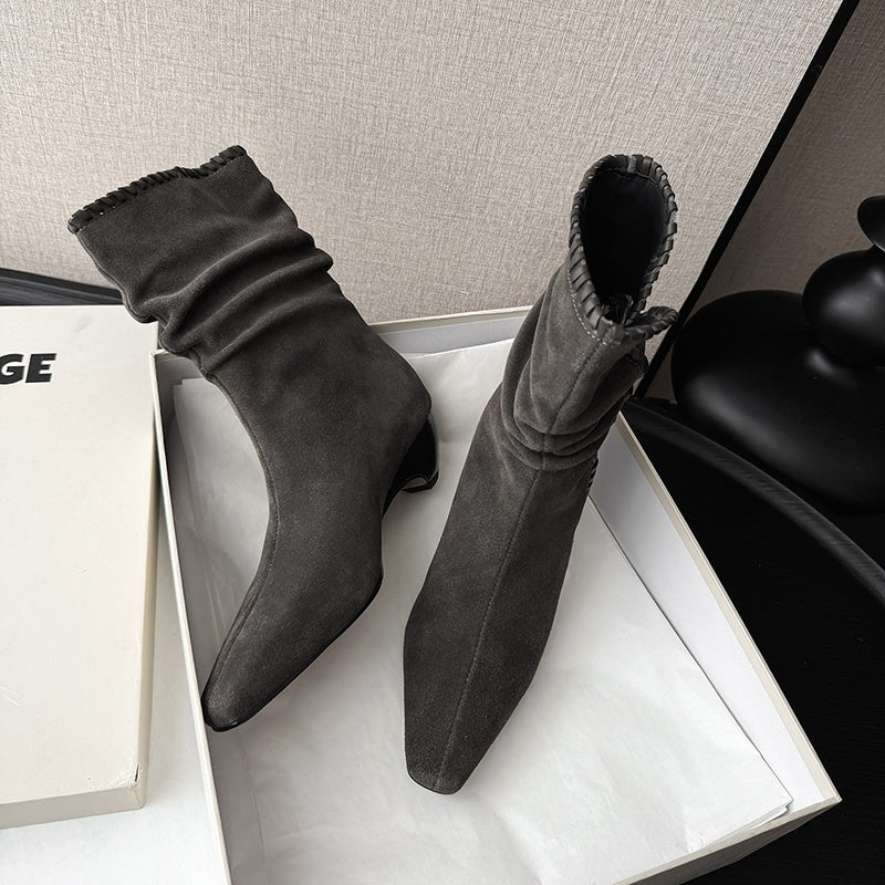 Karin Luna Elegant Style Small Square Toe Pleated Short Boots